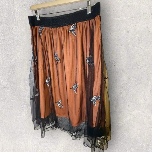 Lularoe NWT Lola Skirt Size XL Brown/Copper With Black Tulle Overlay And Birds - Picture 4 of 6